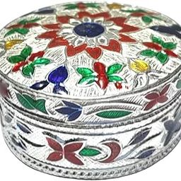 Real Silver Meenakari beautiful Dibbi Circle shaped For Gifting purposes, Storing Remedies, Honey, Sindur etc. Medium SIZED-picture-19