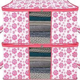 Kuber Industries Underbed Storage Bag | Clothes Storage Organizer | Blanket Cover with Clear Window | Zipper Closure & Handle Cloth Organizer | Flower-Design | Large | Pack of 2 | Pink-picture-5