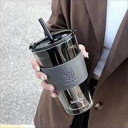 Kamvy Glass Tumbler with Lids and Straw Pack of 1, Elegant Coffee Sipper Bottle with Leather Sleeve,Glass Drinking Cup Mason for Iced Tea, Juice, Cocktail, Cold & Hot Drinks Mug 450ml (Black)-image-37