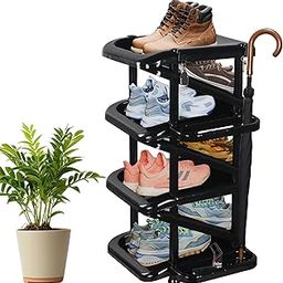 Kuber Industries Stackable 4 Tier Plastic Shoe Stand with Side Hooks | Foldable Slipper and Shoes Racks for Home and Office | Space-Saving Corner Foot Stand for Entryway | Tower - Black-image-16