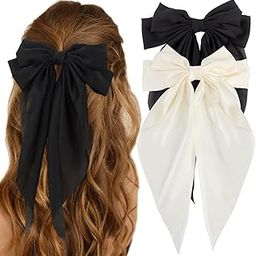 Preptep Silky Satin Hair Bows 2Pcs Big Oversized Long Tail White and Black Ribbons Large Bowknot Barrettes Metal Clips Aesthetic Accessories for Women-image-29