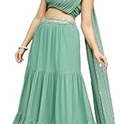 Women's Sage Green Georgette Embellished Tiered Ready To Wear Lehenga Choli Set-image-28