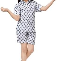Black and White Geometric Printed Cotton Shirt and Shorts for Girls|Co-Ords Set-picture-1