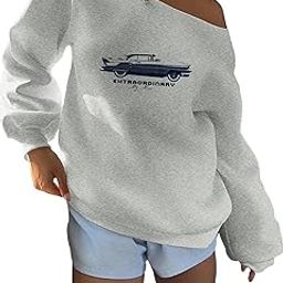 Women's Off-Shoulder Sweatshirt with Classic Car Print, Grey, Long Sleeve-image-73