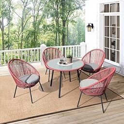 Bosss Outdoor Patio Seating Set 4 Chairs and 1 Table Set for Balcony Garden Lawn | Handwoven Rattan Rope Wicker Furniture with Cushions | Light Red Powder Coated Frame | Weather Resistant-image-96