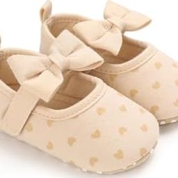 Baby Girl Mary Jane Shoes, Beige with Gold Hearts Pattern, Bow Design, Soft Sole-picture-54