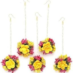 Yellow And Pink Gold Plated Gota Patti Flower Maang Tikka And Women Floral Jewellery-image-18