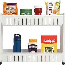 Attro Slim Rack 2 Layer Rack Made with Heavy Plastic Material Lightweight, Foldable and Portable Simple Assembly Comes with Movable Wheels Perfect for Kitchens Storage Organizer,Homes,Offices-White-23