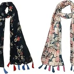 ™ Women's Printed Chiffon Multicolored Scarf and Stoles with Tassels - Set of 2 (ST125)-image-13