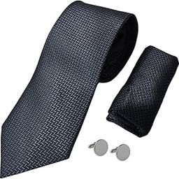 Grey Self Italian Silk Tie, Pocket Square & Matching Cufflink Gift Set for Men – 2.75" Slim Necktie, 10x10 Handkerchief, Brass Cufflinks – Elegant Formal Accessories in Wooden Gift Box-image-115