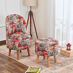 NACIA Printed Ottoman Chair with Pouffe Footstool Set for Living Room (18x32 Inch) | Mudda Footrest & Seat | Puffy Foam Wooden Leg Stool | Perfect for Home Décor, Sofa & Dressing Table (London)-image-23