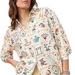 Textured Shirt: Mahjong Tiles Women and Girls Long Sleeves Collared Neck Button Front Beige All Over Printed Oversized Fit Cotton Boyfriend Shirts-image-37