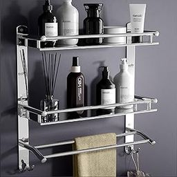 GLOXY ENTERPRISE Stainless Steel Double Layer Shelf with Towel Rod - Bathroom Shelves for Optimal Storage, with Sleek Chrome Finish - Durable Bathroom Accessories and Fittings (5D X 15W X 18H Inch)-image-68