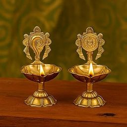Sausthav Pure Brass Shanku Chakra Kuber Diya (Set of 2) for Diwali Decoration, Puja Room, Office & Home Decor | Traditional Handmade Oil Lamps for Festival Gifting & Spiritual Use-image-80