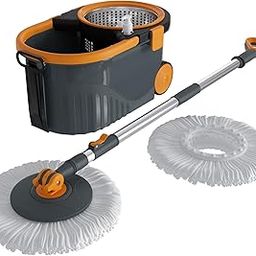 Bonkaso Velocity Stainless Steel Wringer Spin Mop with Big Wheels with 2 Microfiber Refills | 360° Rotating Mop & Adjustable Handle Gray & Orange-image-7