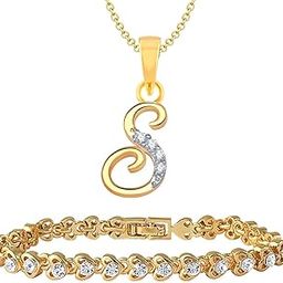 Gold Plated Combo of S Pendant & Heart Bracelet with Crystals for Women CO1104593G-18