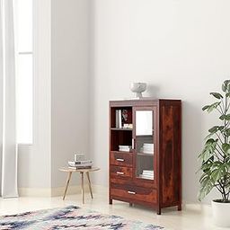 WOODSTAGE Solid Sheesham Wood Bookshelf with 3 Drawer Storage and 5 Shelves for Home Office Study Room | Wooden Bookcase Display Floor Standing Racks (Honey Finish)-image-0