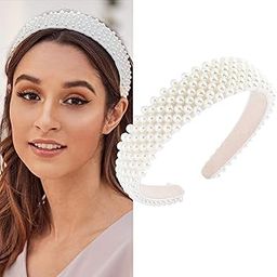 Women's Polyester Pearl Beaded Wide Party Headwear Wedding Hair Hoop Elegant Hairband Headbands (White, S) for Girls and Women-picture-17