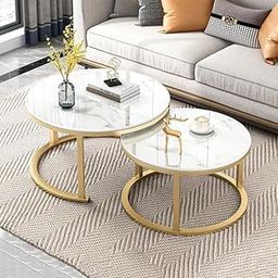 WROUGH IMPEX 2-Piece Round Nesting Coffee Table Set | Gold Metal Frame with White MDF Marble Look Top | Modern Stacking Center Table for Living Room, Bedroom, Balcony, Lounge-0