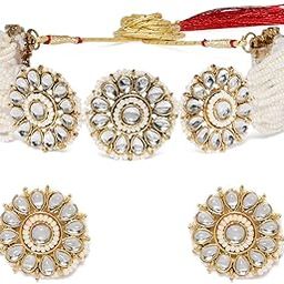 Gold Tone Kundan & Pearls Flowers Choker Necklace & earring Set For Women-ZPFK9814-10