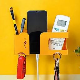 GEOCARTER polypropylene Wall Mobile Holder|Multi-Purpose Mobile Stand for Wall|Remote Holder & Mobile Charging Stand|Kitchen Organizer Rack Wall Mounted|Useful Gadget-Orange-23