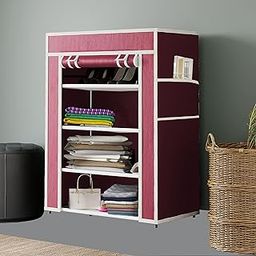 GTC 4 Layer Multipurpose Collapsible Almirah Wardrobe with Plastic Frame and Non Woven Fabric Cover Maroon-59