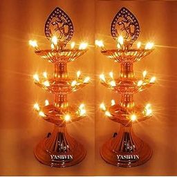 YASHVIN® Plastic Electric Pooja Diya Light Deepak 3 Layers for Diwali Festival (Golden) Pack of 2 Made in India || BSHS-2415-14