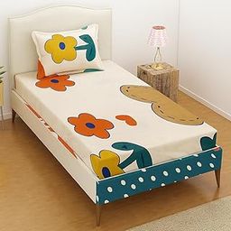 INDHOME LIFE 220 TC Kid's Single Bedsheet with 1 Pillow Covers Single Size Flat Bedsheet, Elegance & Comfort to Your Bedroom, Printed Glace Cotton Bedsheets - Beige Color-image-56