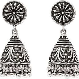 925 Sterling Silver Jhumka Earrings, Antique Floral Design, Traditional Drop Dangle-image-34
