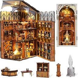 DIY Book Nook Kit, Miniature Dollhouse Booknook Kit, 3D Wooden Puzzle for Teens and Adults, Bookend Bookshelf Insert Decor with LED Light (Public Library)-1