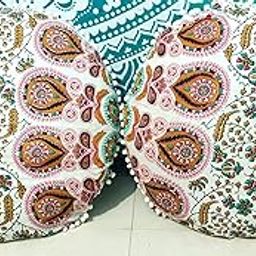 Indian Craft Castle Cotton 24" Round Hippie Decorative Zipped Bohemian Pouf Pompom Purple Peacock Mandala Barmeri Large Floor Meditation Seating Ottoman Throw Pillow Cover ( set of 2)-image-81