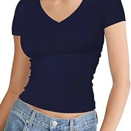 the blazze Womens V Neck Short Sleeve Crop Top Double Lined Slim Fitted Basic Tee Going Out Cute Summer T Shirt Trendy B L2699 NK-picture-34