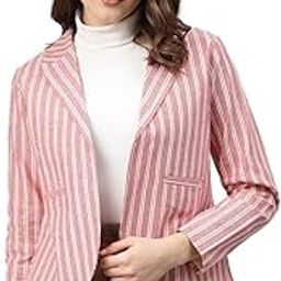 Women Pink & White Cotton Striped Front Open Blazer-16