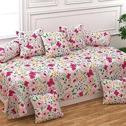 FASSCETE Soft Glace Cotton Designer Printed Diwan Set, 1 Single Bedsheet, 2 Bolster Covers, 5 Cushion Covers,Multicolor - 8 Piece-image-23