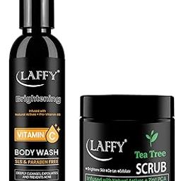 LAFFY - Vitamin C Body Wash (200ml) & Tea Tree Scrub (100g) COMBO | Brightening, Deep Cleansing, Exfoliation & Hydration | With Natural Actives | Set of 2-0
