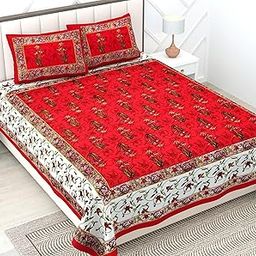 RajasthaniKart® Pure 100% Cotton Double Bed Sheet with 2 Pillow Covers (Bedsheet for Double Bed Cotton, Red Flower Patti Jaipuri, King Size,5246)-image-22