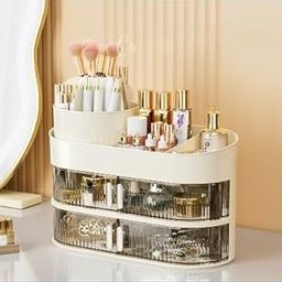 Sinbyuer Makeup Organizer, Cosmetic Desk Storage Box with Drawers Skincare Organizers for Dressing Table, Bathroom Counter, Vanity Holder for Brushes, Lotions, Lipstick, Perfume (2 Layer)-image-54