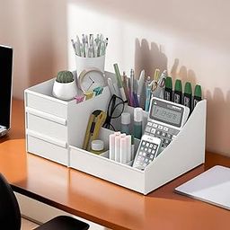 ALPHIT Desk Organiser with Drawer, Multifunctional Desk Organizer, Office Organizer, 7 Compartments with 2 Drawer, Storage Shelf for Office, School (WHITE)-picture-4