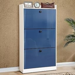 ABOUT SPACE Shoe Rack for Home - 4.5ft 3 Tier Tilt Out Door Semi-UV Gloss Laminate DIY Engineered Wood Shoe Cabinet - Anti-tip Protection Removable Adjustable Panels for 18-20 Pairs - Blue & White-8