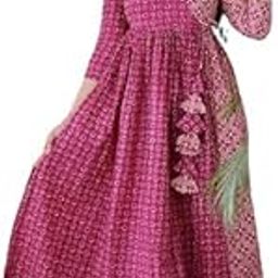 Women's Printed Rayon Anarkali Dress with Tassels, 3/4 Sleeve, V-Neck, Red-Pink_1059-image-11