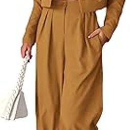 Women's 2 Piece Casual Outfits Cropped Blazer Jackets High Waisted Wide Leg Work Pants Suit Set-picture-23