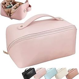 Large Capacity Cosmetic Travel Bag, Portable Leather Makeup Storage Bags with Handle and Divider, Wide Opening Cosmetic/Makeup Organizer (Pink)-image-98