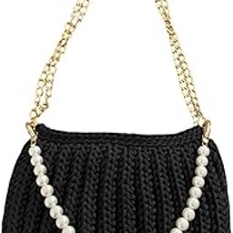 Crochet Knitted Shoulder Bag with Pearl and Gold Chain Straps, Black Crochet Handbag for Women-image-1