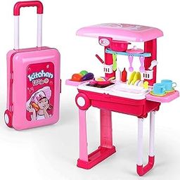 Little Chef 2 in 1 Kitchen Play Set,Pretend Play Luggage Kitchen Kit for Kids with Suitcase Trolley Carrycase with Sound-Lights and Accessories Included Multicolor(Kitchen Play Set)-image-62