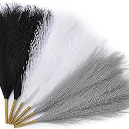 CURATED CART 3 Pcs Faux Pampas Grass - 17 inch Artificial Fluffy Flowers for Home Decoration - Wedding & Office Decor | Dried Plants - Leaves & Grass Arrangement (Without Vase) - Grey-White-Black-image-53