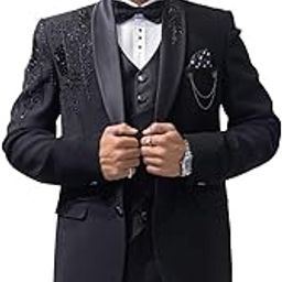 Men Black Solid Slim Fit Tuxedo Suit with Satin Lapel CS11919-image-106