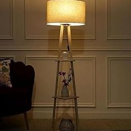 Driftora Modern Floor Lamp with Storage Shelf, Wooden Stand, Drum Shade, Living Room Lighting-image-63