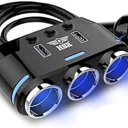 HSR Universal Super Fast Charge Car Phone Charger 3 Socket LED Voltage Display Dual USB Car Charger on/Off switches 12V car Splitter Adapter - Black-1