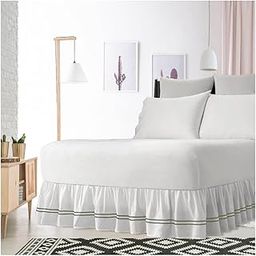2 Line Embroidered Moss Color on White Fabric Ruffle Bed Skirt 20 Inches Drop 600 Thread Count Egyptian Cotton Double Bed Bed Size-82