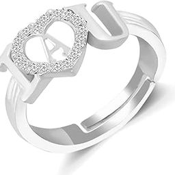 CZ Valentine American diamond Adjustable I Love You Heart Initial Letter Name Alphabet A Ring Silver propose AD Finger Rings for girls women Couple girlfriend King Queen Gf BF lovers ladies-image-89